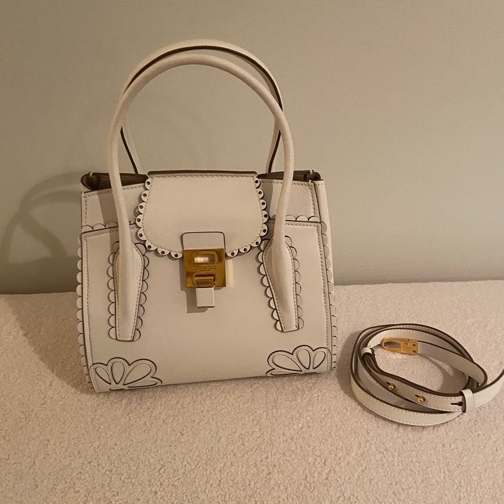 Michael Kors Collection white scalloped leather satchel & removable strap